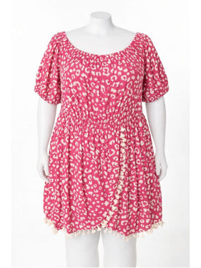 Andrée by Unit Pink Leopard Print Tassel Boho Off Shoulder Dress NWT 3X